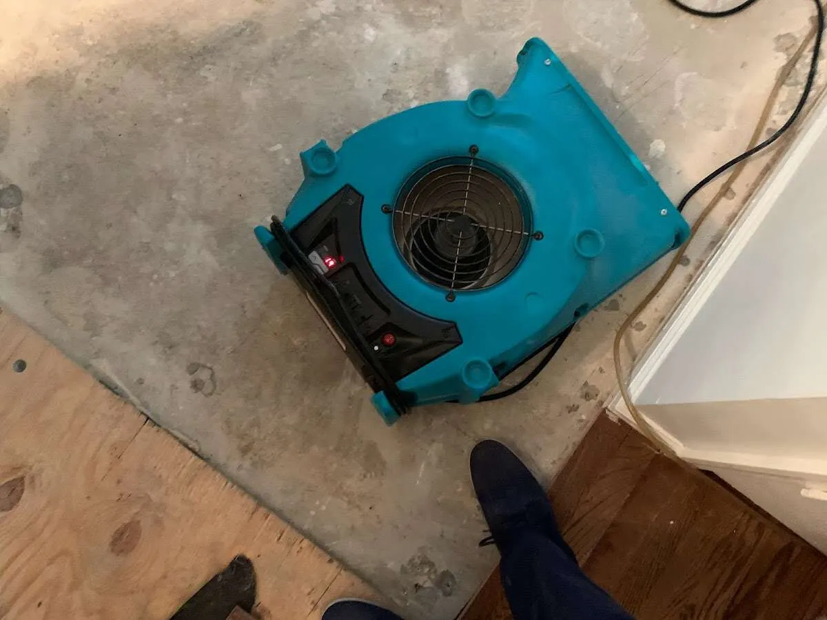 Air mover drying subfloor during Leak Detection & Repair in Buda