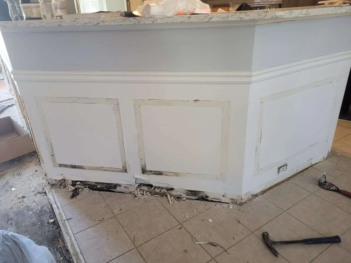 Water damage and mold on kitchen during Storm Damage Restoration in Buda